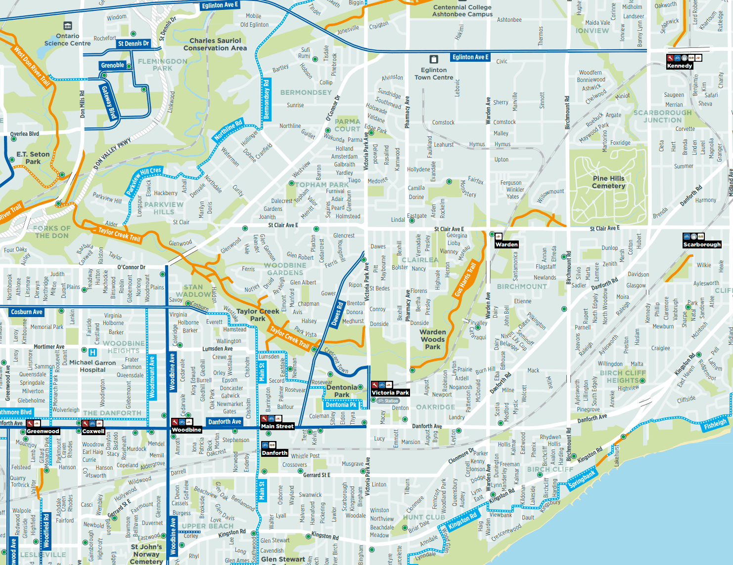 A detail of the cycling map across the east end, showing the Taylor Creek trail